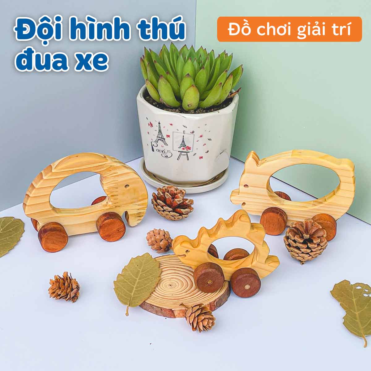 Đội hình thú đua xe bằng gỗ cho bé