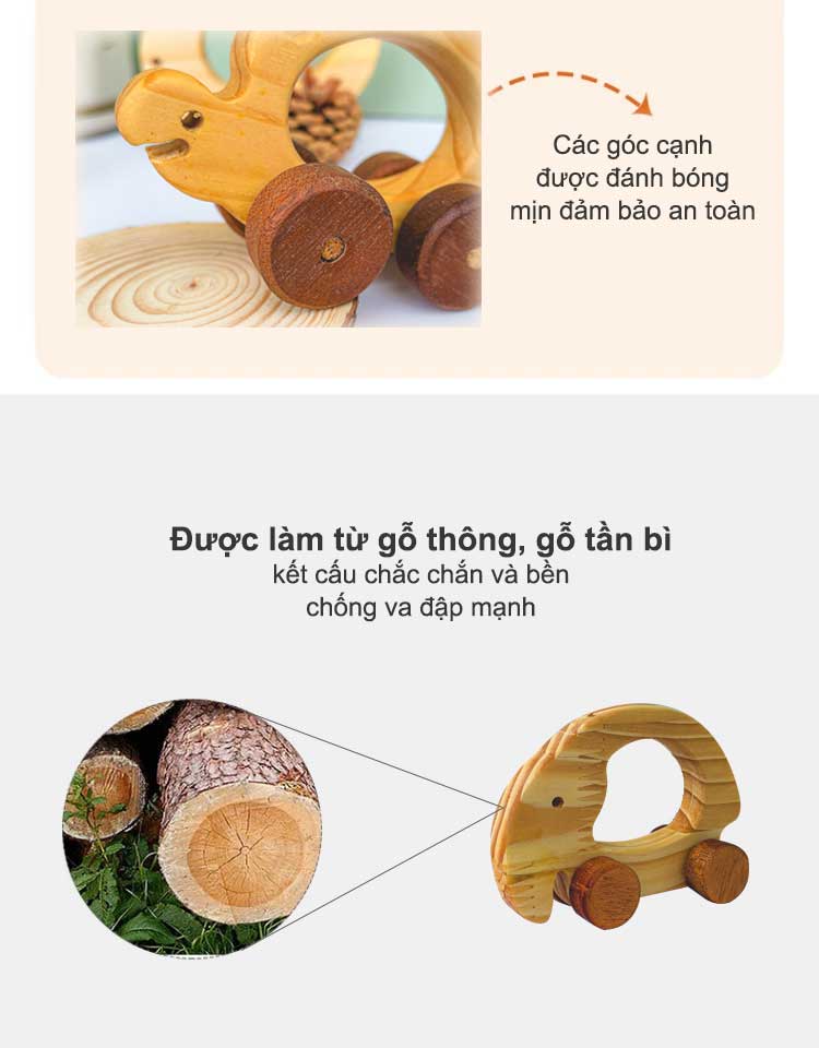 Bộ 3 con thú có bánh xe - Đồ chơi gỗ giải trí cho bé rèn luyện khả năng cầm nắm